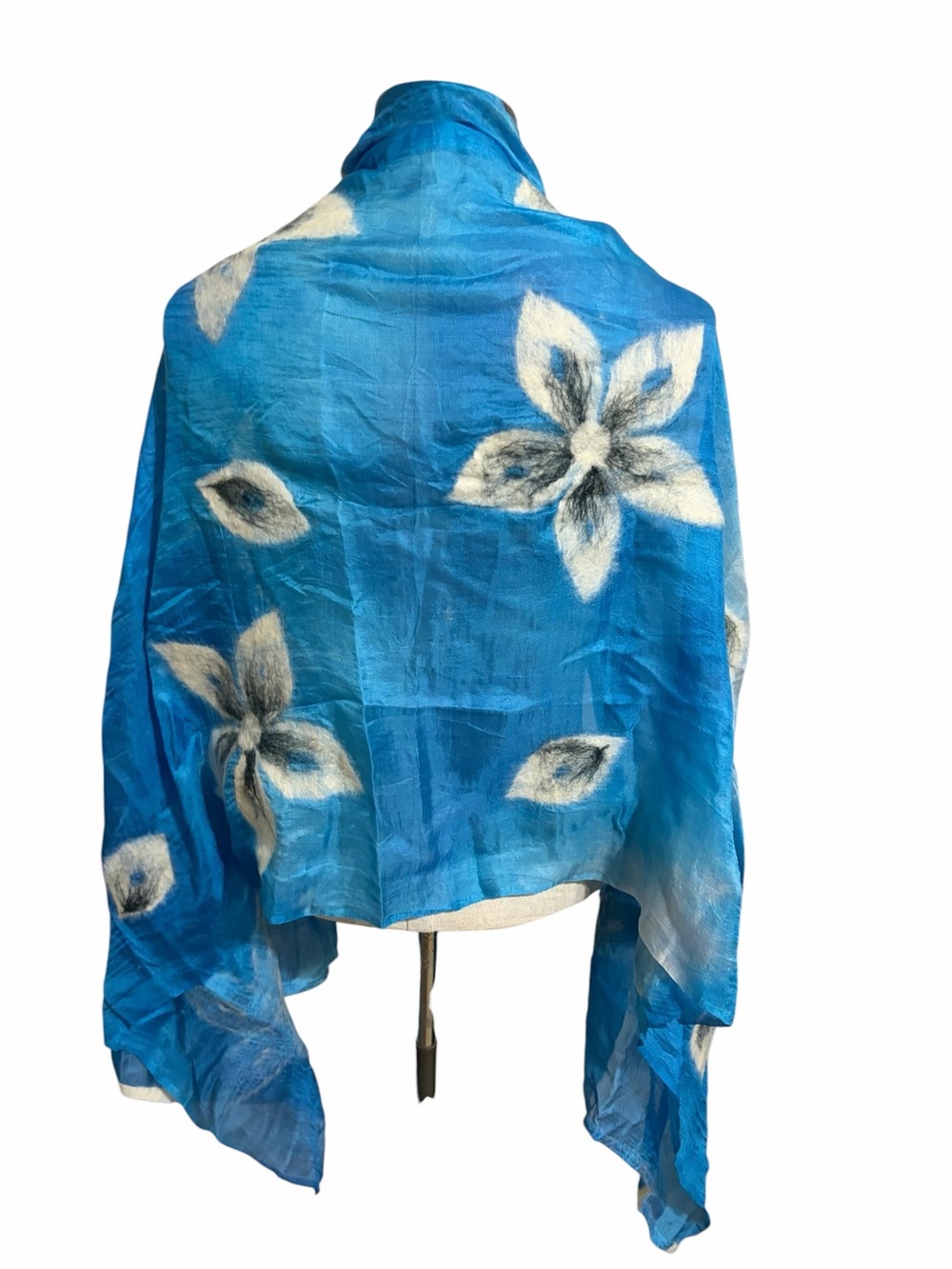 Blue Floral Lightweight Wrap Felt Scarf Nuno Felted Shawl Artsy Romantic